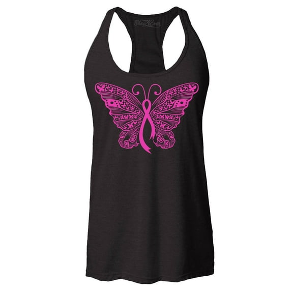 Shop4Ever Women's Pink Ribbon Butterfly Breast Cancer Awareness Racerback Tank Top X-Small Black