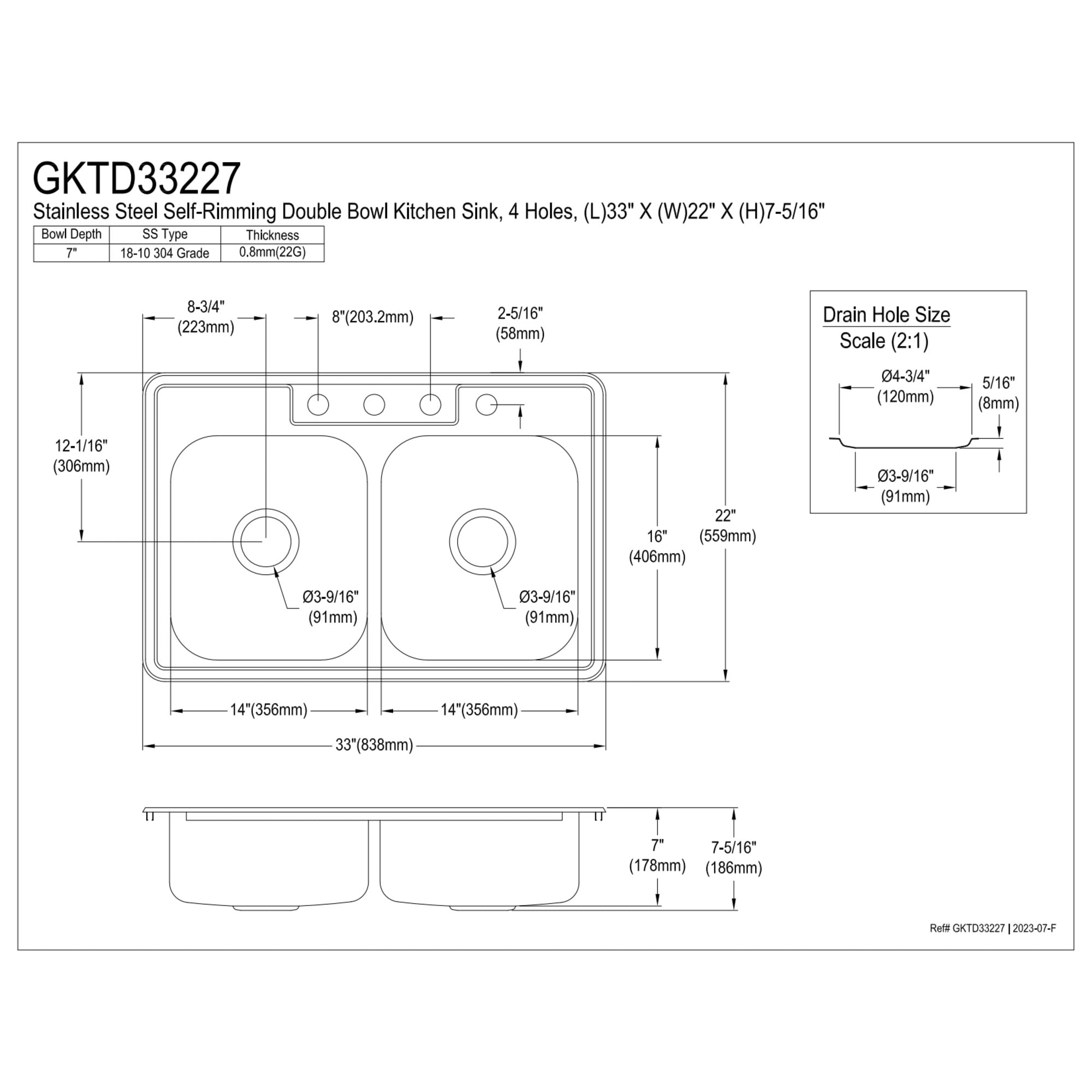 Gourmetier GKTD33227 Studio 33" Stainless Steel Self-Rimming Double Bowl Drop-In Kitchen Sink, Brushed