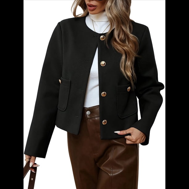 Chaqueta Blazer Corta para Mujer, Sin Cuello, con Botones, Estilo Informal de Negocios, para Otoño e Invierno. Negro M