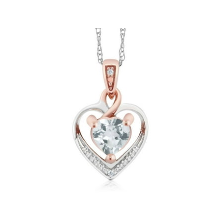 - 10K Two-Tone Gold Aquamarine and Diamond Heart Shape Pendant Necklace 18