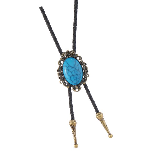 Western Adjustable Necklace Bolotie With Cracked Turquoises Gemstones Pendant Leather Cord Necktie Jewelry Accessory