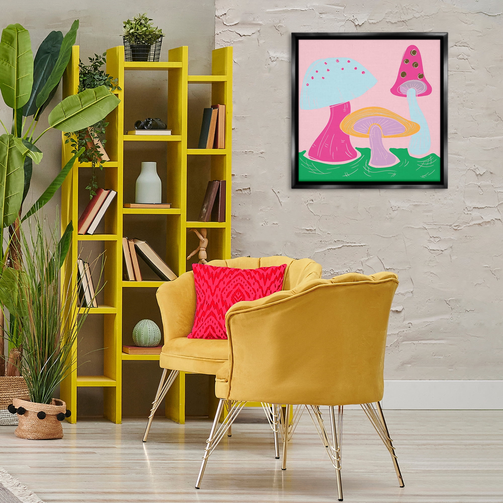 Stupell Industries Groovy Mushrooms Dancing Plants & Flowers Painting Black Floater Framed Canvas Art Print Wall Art, 25 x 25