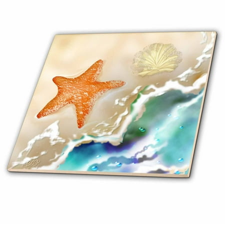 3dRose Starfish and Seashell in the Sand near the Ocean Art - Ceramic Tile,