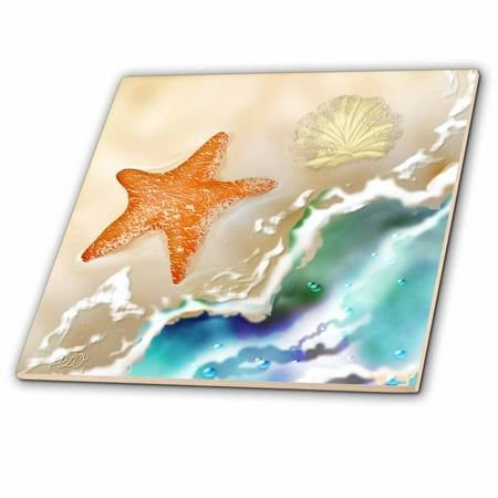 - 3dRose Starfish and Seashell in the Sand near the Ocean Art - Ceramic Tile, 6-inch