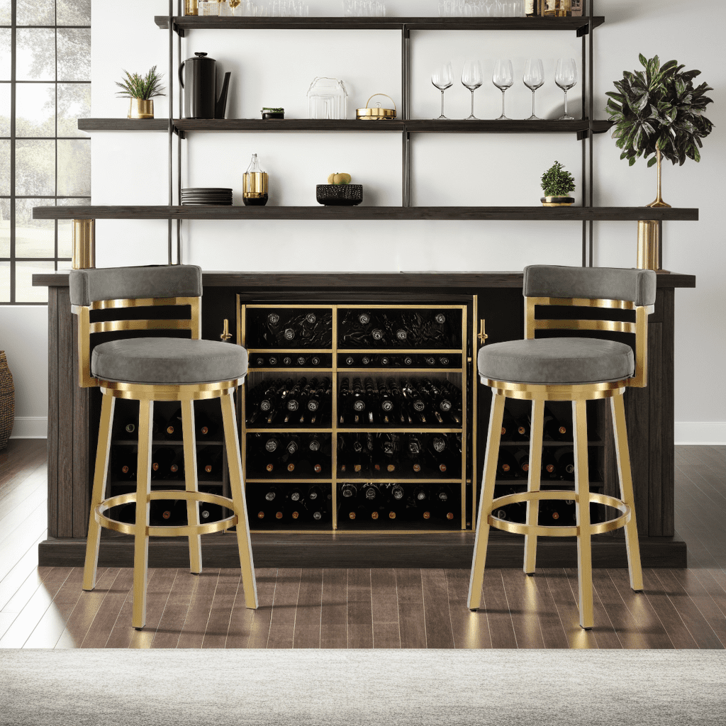 Madrid 30" Swivel Counter Stool with Gold Brushed Stainless Steel and Vintage Gray Faux Leather