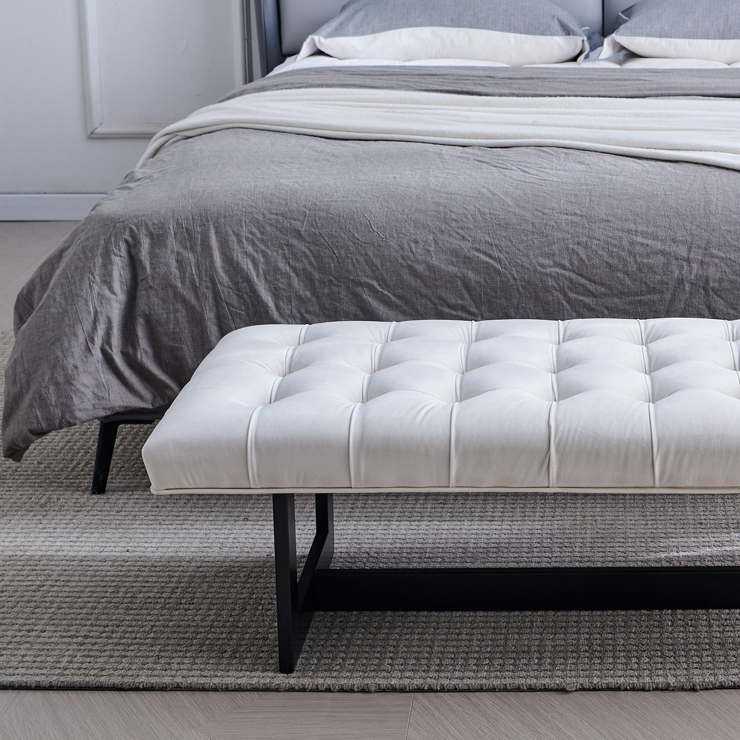 Nathaniel Home 48'' Button-Tufted Kids Ottoman, Upholstered Bedroom Benches, Vegan Leather Footrest Stool Accent Bench, for Living Room End of Bed White