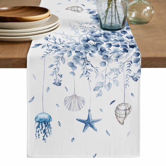 Blue Coastal Table Runner, Summer Eucalyptus Leaves Beach Ocean Starfish Nautical Cotton Linen Table Runners 120 Inches Long, Dresser Scarf Runner for Dining/Living Room/Kitchen 13''x120''
