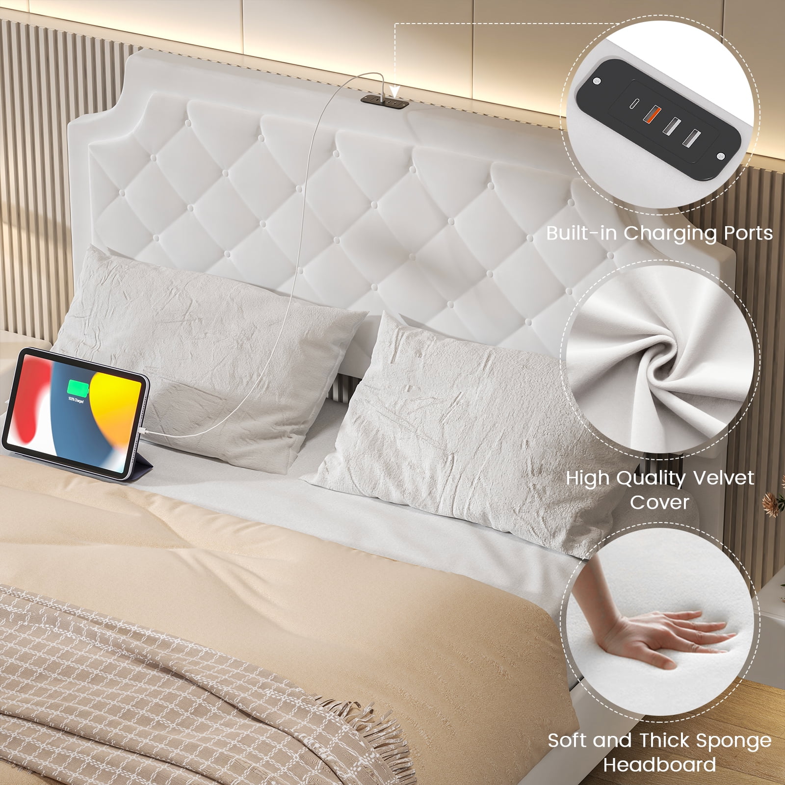 Queen Size Floating Bed Frame with Adjustable Headboard, Lifting Up Upholstered Bed Frame Queen, Fast Charging Station, Underbed Lights Strip, Solid Wood Slat, No Box Spring Needed, Noise-Free, White