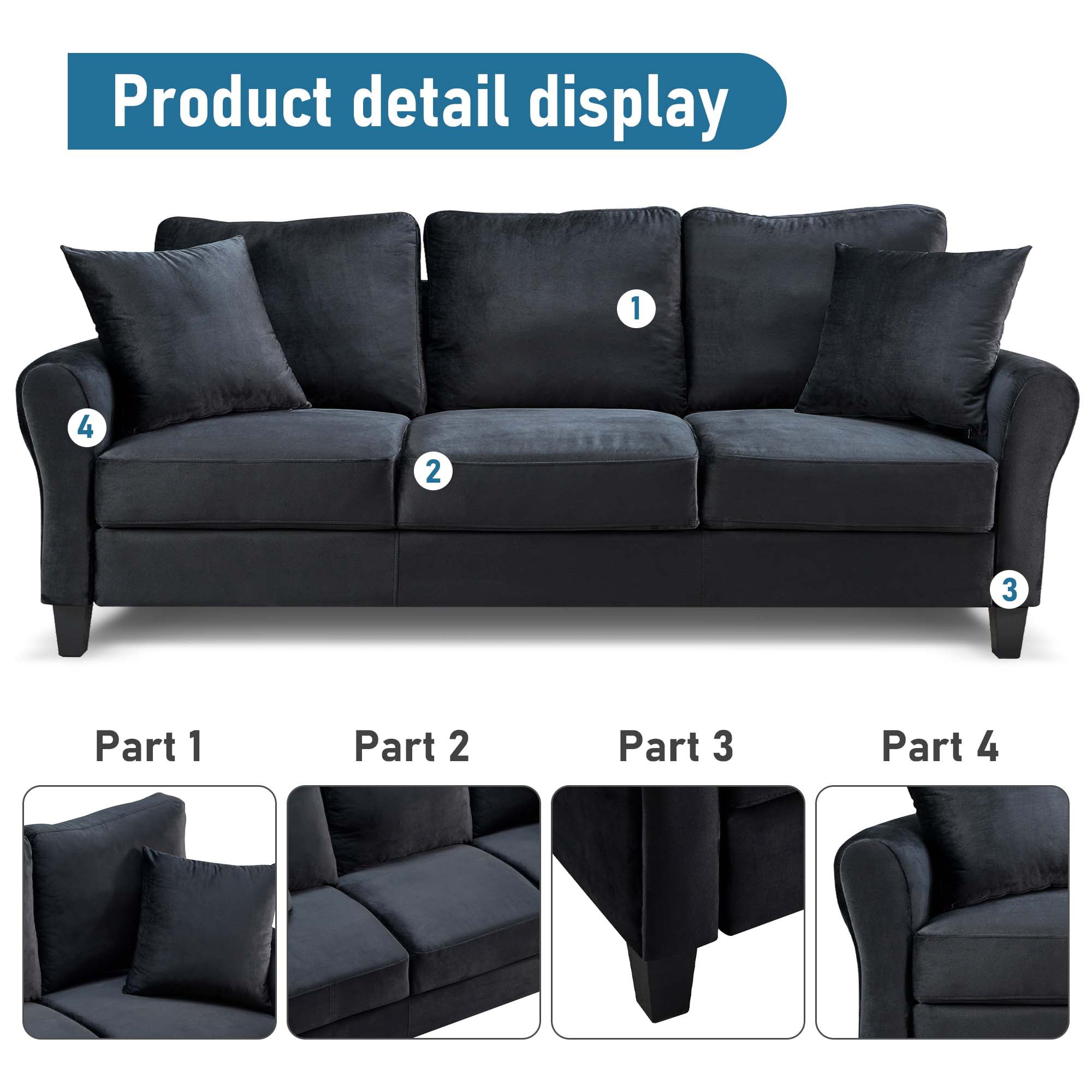 Aukfa 78.4" 3-Seater Sofa, Upholstered Sofa Couch for Living Room - Black