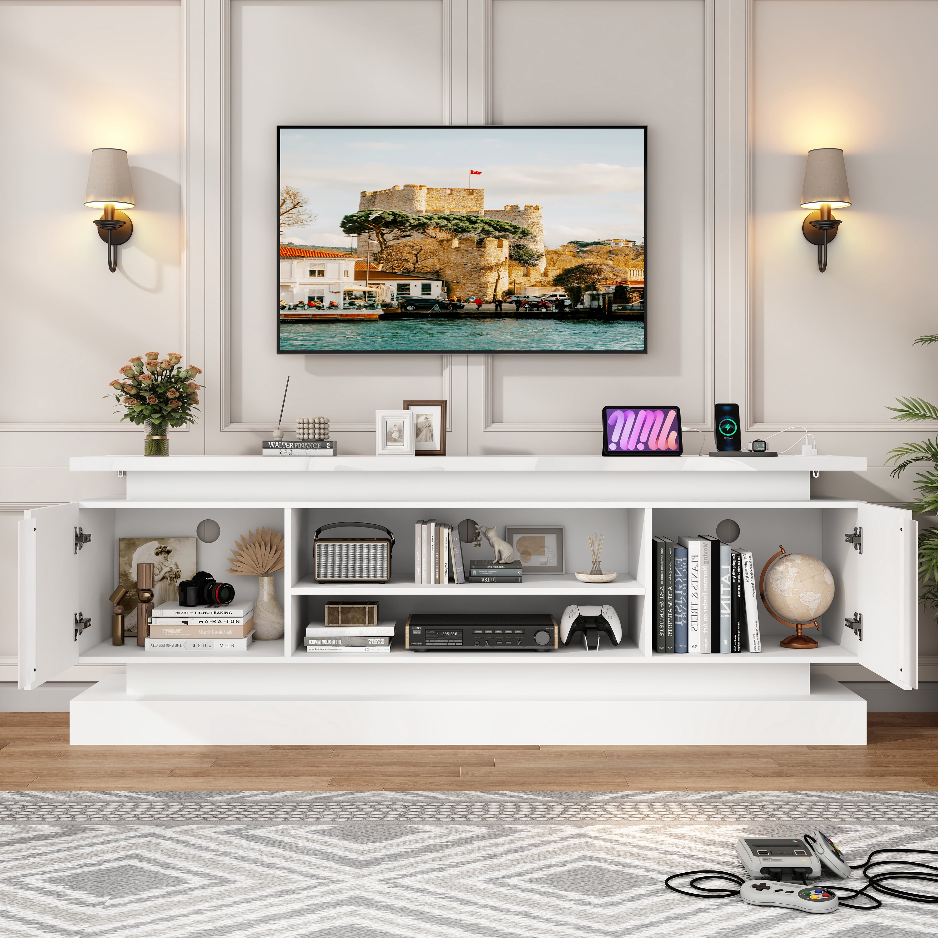 ChVans 71" LED TV Stand for TVs up to 85" with Power Outlets, High Gloss Surface, 2 Storage Cabinet, Modern Style, TV Media Console with Storage, White