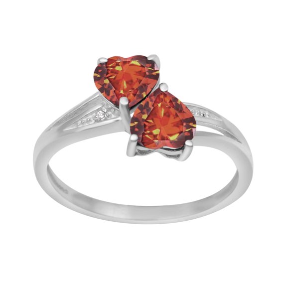 925 Sterling Silver 6MM Heart Shape Orange CZ Two Stone Heart Women Valentines Day Gifts Ring