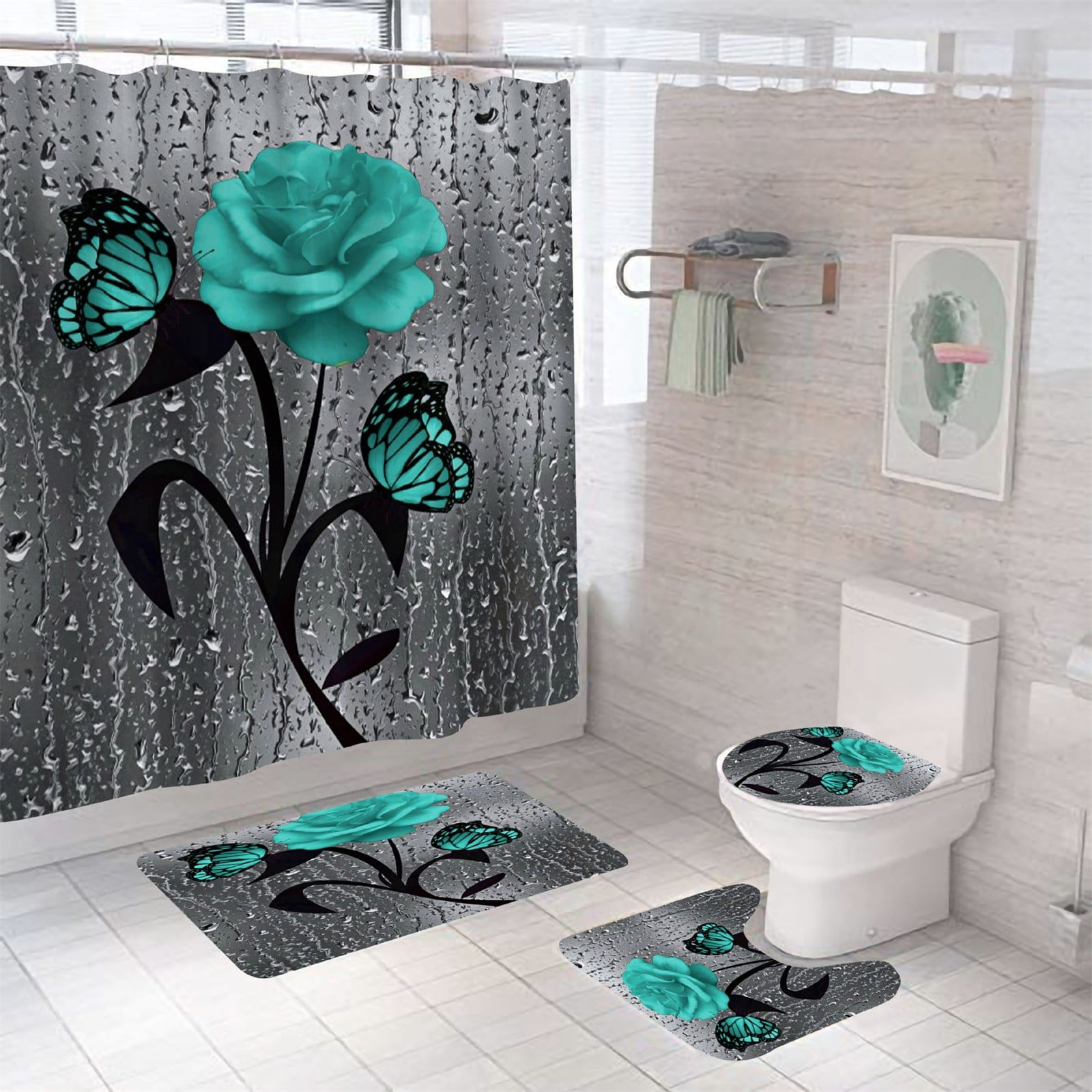 4Pcs Rose Floral Bath Bathroom Shower Curtain Non Slip Toilet Cover Rugs Mat Set 