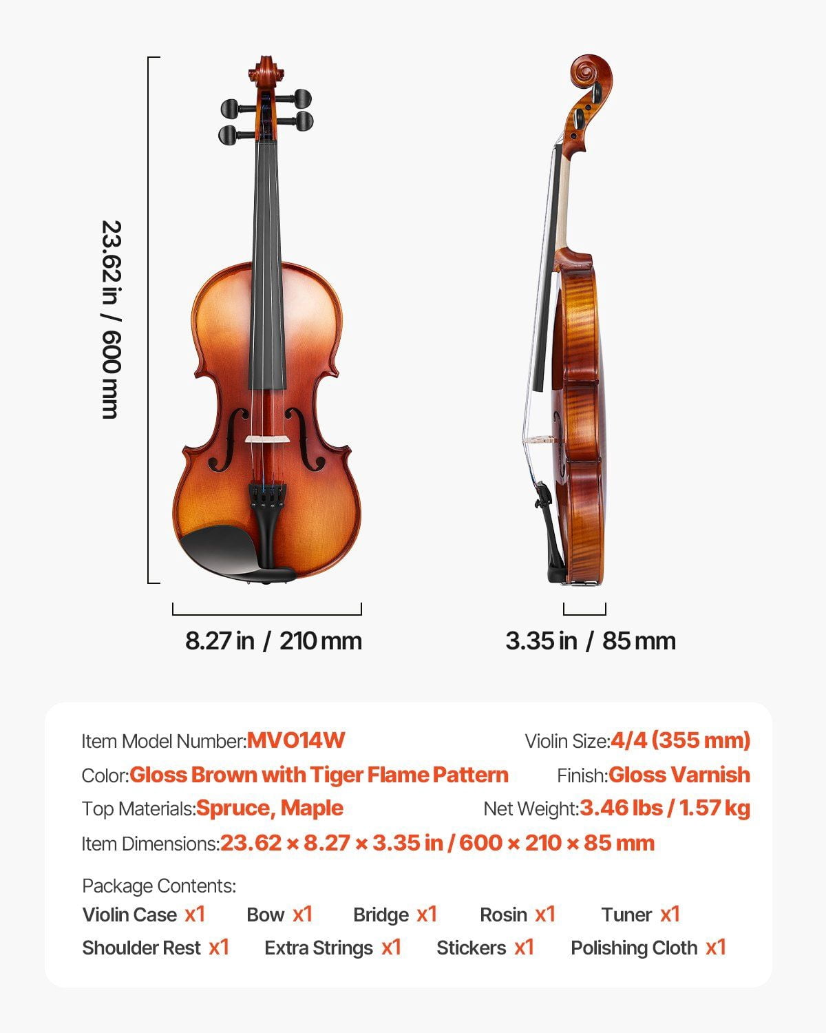 Violin 4/4 Size Fiddle Set for Beginners, Fully Handcrafted Solid Wood with Glossy Brown Tiger Stripe Pattern, Includes Case, Bow, Shoulder Rest, Tuner, Rosin, Spare Strings, Sticker, and Polishing