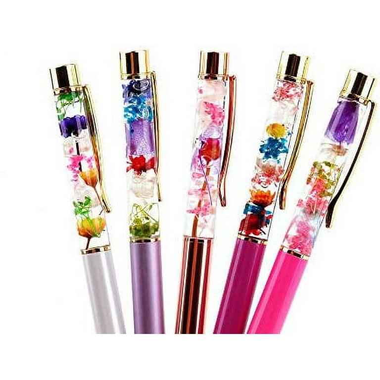 Ubabe Ballpoint Pens, 5pcs Blue Ink Metal Pens Purple/Grey/Rose  Gold/White/Pink Cute Pens Liquid Dried Flower Pen for School Supplies Desk  Accessories