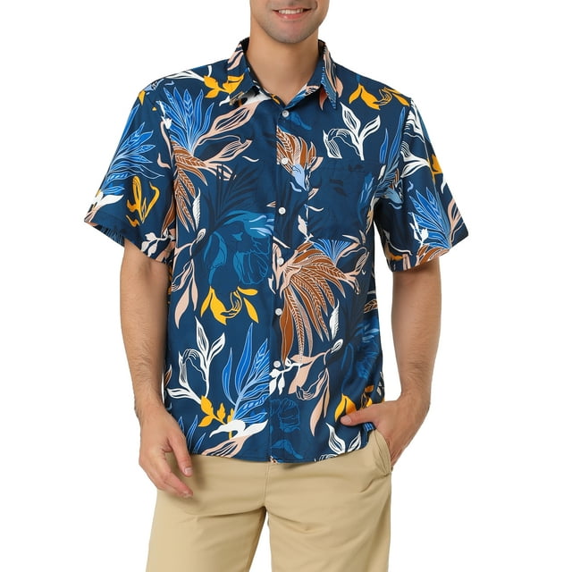 CAMISAS DE HOMBRE CORTAS DE INSPIRACIÓN CHIC, CON ESTAMPADO FLORAL, BOTONES EN LA PARTE FRONTAL, PLAYERA DE PLAYA HAWAIANA 38 AZUL MARRÓN