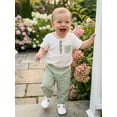 thumbnail image 4 of BemeyourBBs Newborn Baby Boy Girl Summer Clothes Cotton Linen Outfit Casual Button Crew Neck Short Sleeve Romper Plaid Pants 2 Pcs Set, 4 of 9