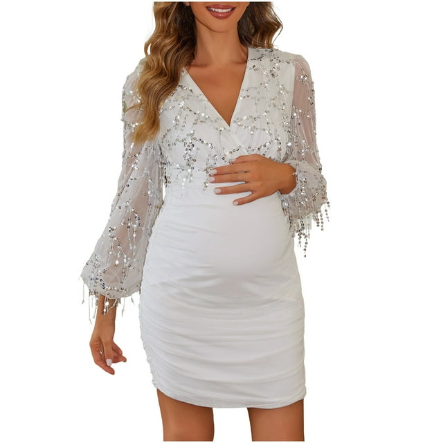 huilin Robe de Maternité à Paillettes pour Femmes, Col en V, Bloc de Couleur, Robe de Maternité à Manches Longues, Col en V, Longueur Genou, pour Fête de Maternité, Rendez-Vous Quotidien
