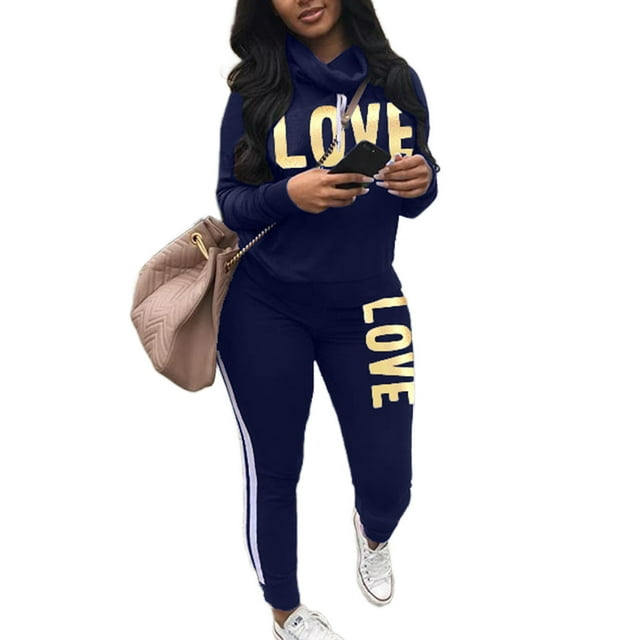 Innerwin Jogger Set Draped Neck Ladies Two Piece Outfit Sports Long Sleeve Loose Fit Sweatsuits Colorful Blue L