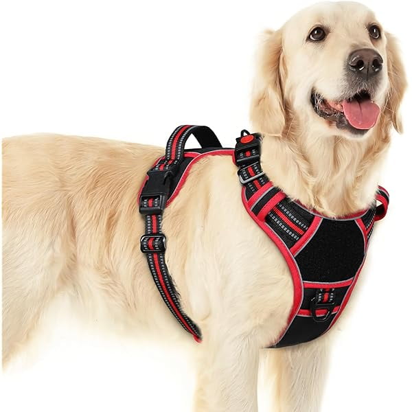 wonima02 Dog Harness for Large Dogs, Easy Wearing with 3 Buckles, Adjustable No Pull Pet Harness with 2 Rings for Walking, No Chock Reflective Soft Padded Vest with Control Handle, Black & Red, L