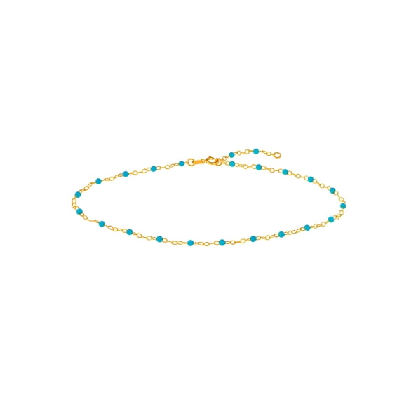 14k Yellow Gold Light Blue-enamel Bead Chain Ankle Bracelet Adjustable With One Inch Extension Anklet 10 Inch Anklet for