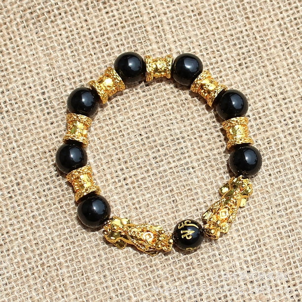 Pulsera de oro Pixiu bañada en oro con imitación de obsidiana y arena de 12 mm, regalo pequeño