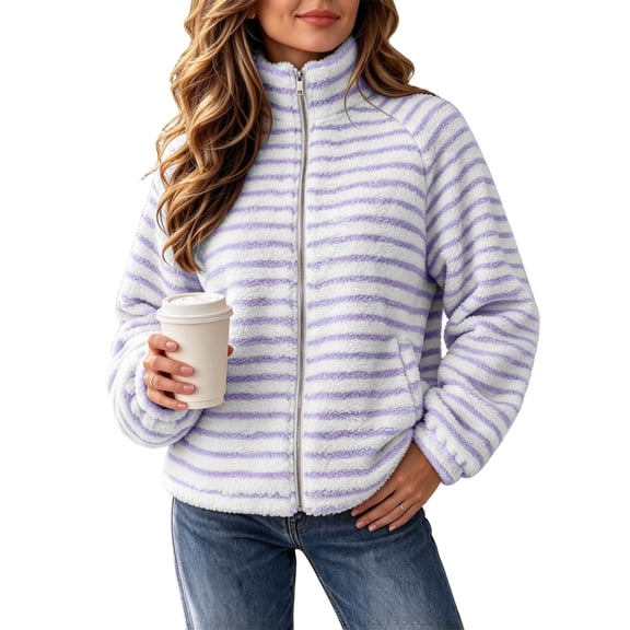 LUVDA Women's Stripe Fleece Jacket Full Zip Stand Collar Cozy Casual Fall Winter