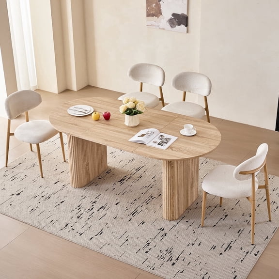 70.9" Large Dining Table Set for 4, 5-Piece Set with Natural Wood Grain Table & Chenille Fabric Upholstered Chairs Metal Legs, Ideal for Apartments & Kitchens