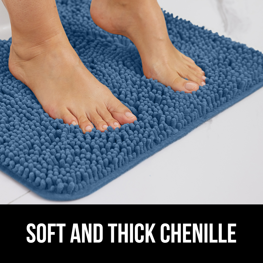GORILLA GRIP Chenille Bath Rug 24x17, Rubber Backing Quick Dry Washable Microfiber Mats, Blue