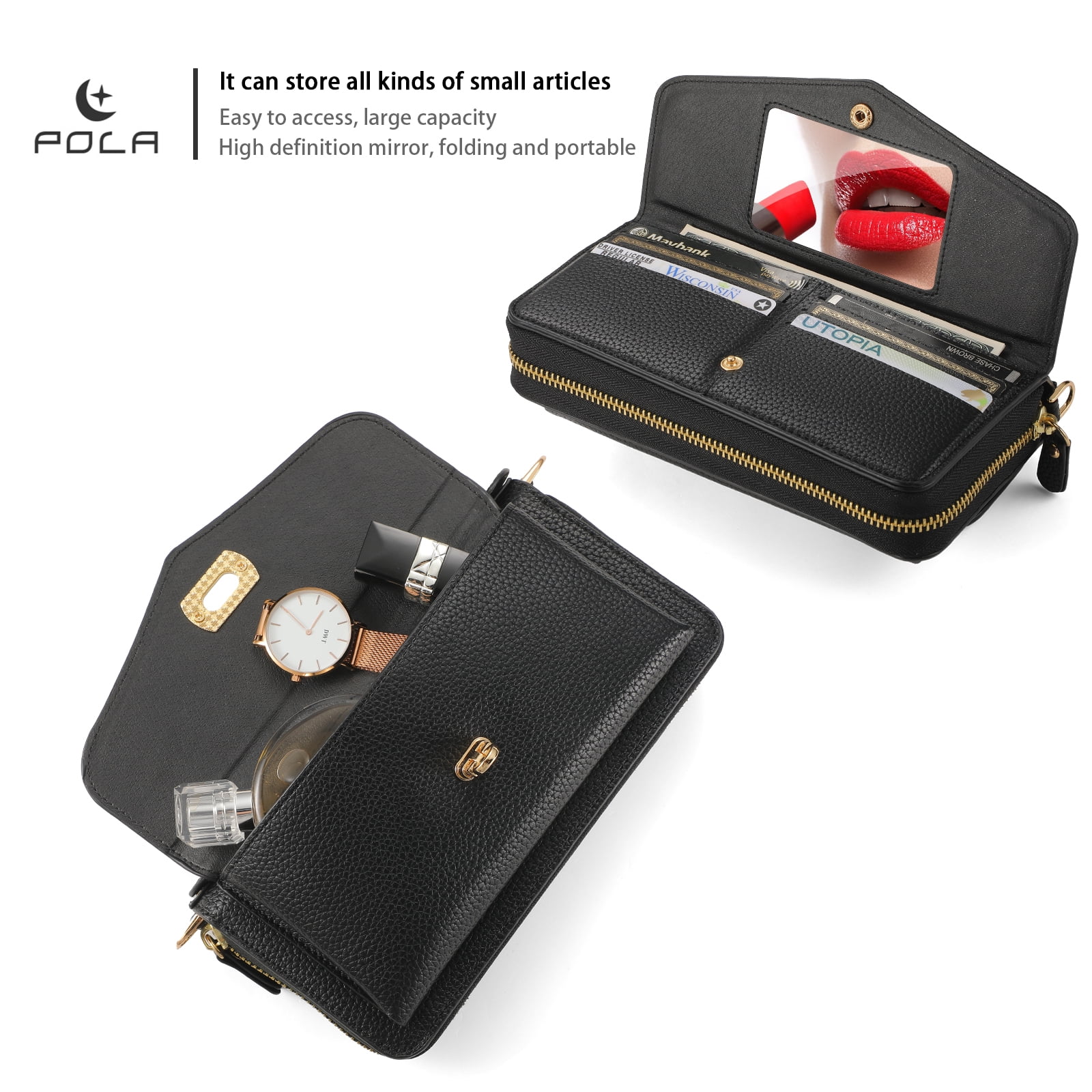 Dteck Crossbody Wallet Case for iPhone 17 Pro Max, Magnetic Detachable Floral PU Leather Phone Case with RFID Blocking Card Holder Wristlet Mirror Flip Zipper Shoulder Purse Bag for Women, Black