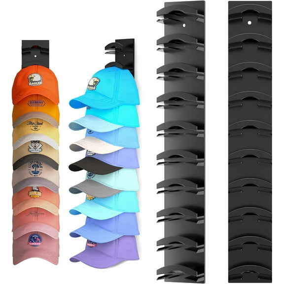 Hat Organizer for Baseball Caps, 2Pack, Hat Rack for Wall with Strong Adhesive, One Hat One Layer Cap Organizer Holds Up to 20 Hats, Black