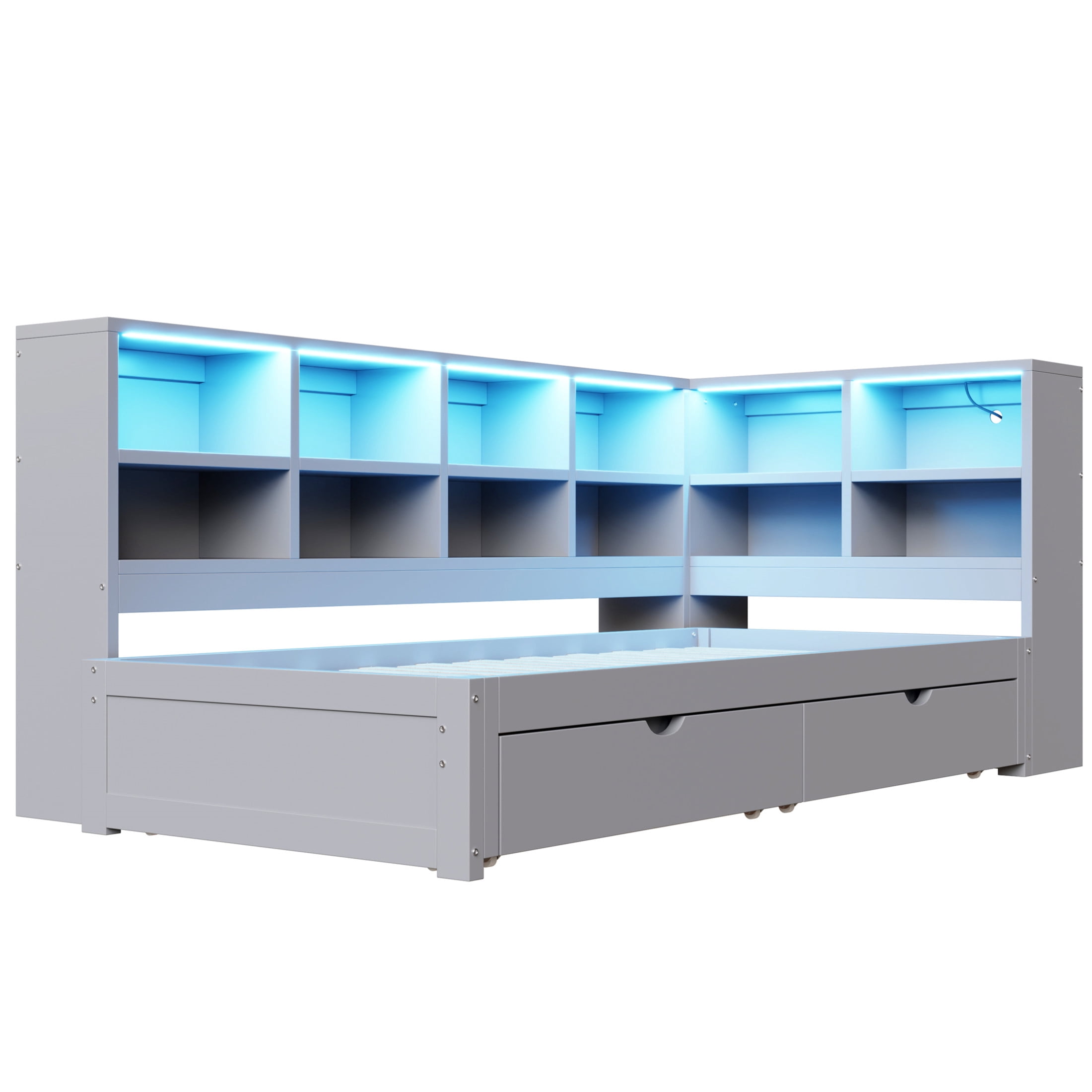 Noble House Corvella Twin XL to King Expandable Daybed with Storage Drawers, Open Shelves, LED and USB, Gray