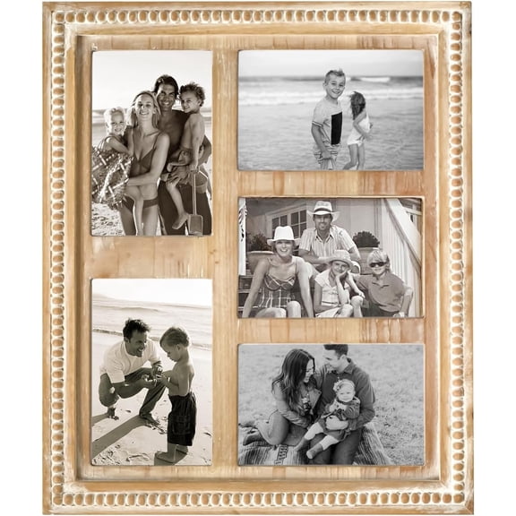 MODE HOME Rustic Farmhouse Picture Frame Collage 5 Rectangular 4x6 Photo Frames with Decorative Beads Natural Wood Collage Picture Frames for Family Photos