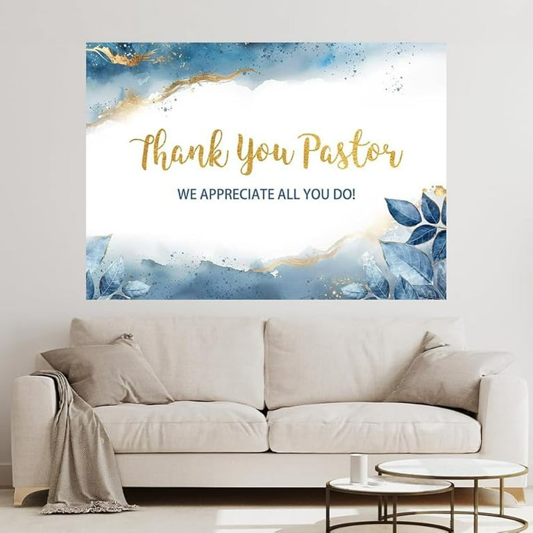 Thank You Pastor Banner Backdrop – 6x3.6ft Blue Church Appreciation Decor For Photo Booth & Party