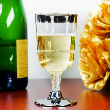 Polycarbonate Plastic Wine Glasses - Efavormart 55 Pcs - Silver Rimmed 7oz Disposable Plastic Wine Glass