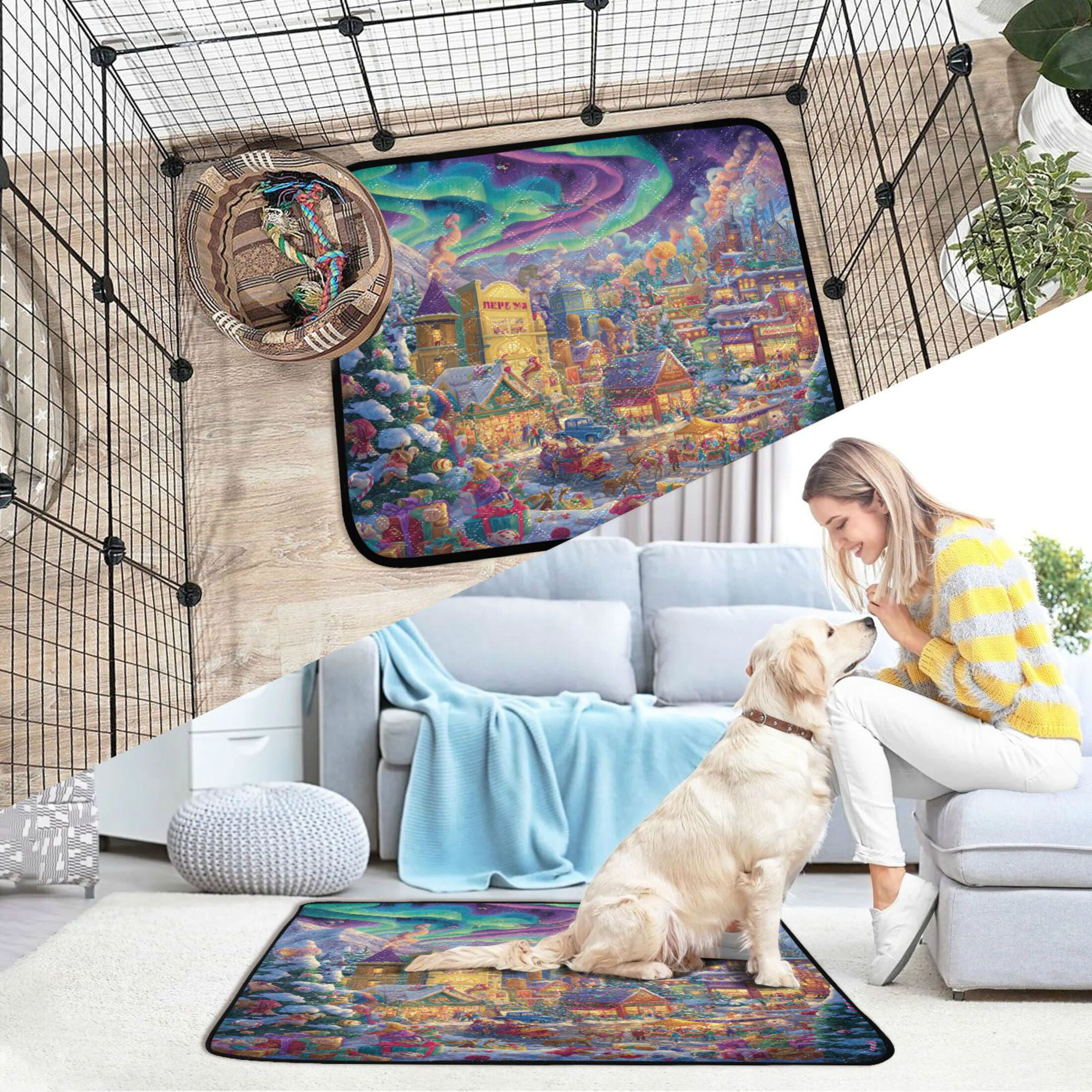 Qxltty Beautiful Christmas Scene Cat litter Pads Pet Set of 2 Diaper Mats Center Anti-leakage Layer Absorbent Soft and Comfortable
