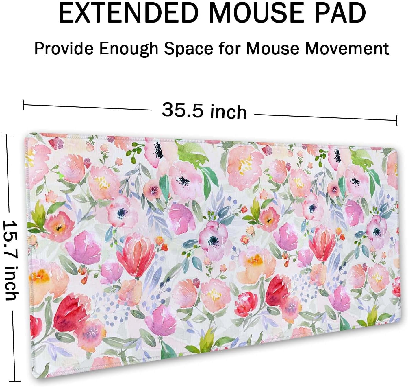 Extended Gaming Mouse Pad (35.5x15.7 in), Large Stable Rubber Base Mousepad with Stitched Edges, Keyboard Mouse Mat Desk Pad for Work, Game, Office, Home - Watercolor Floral Botanical Pattern