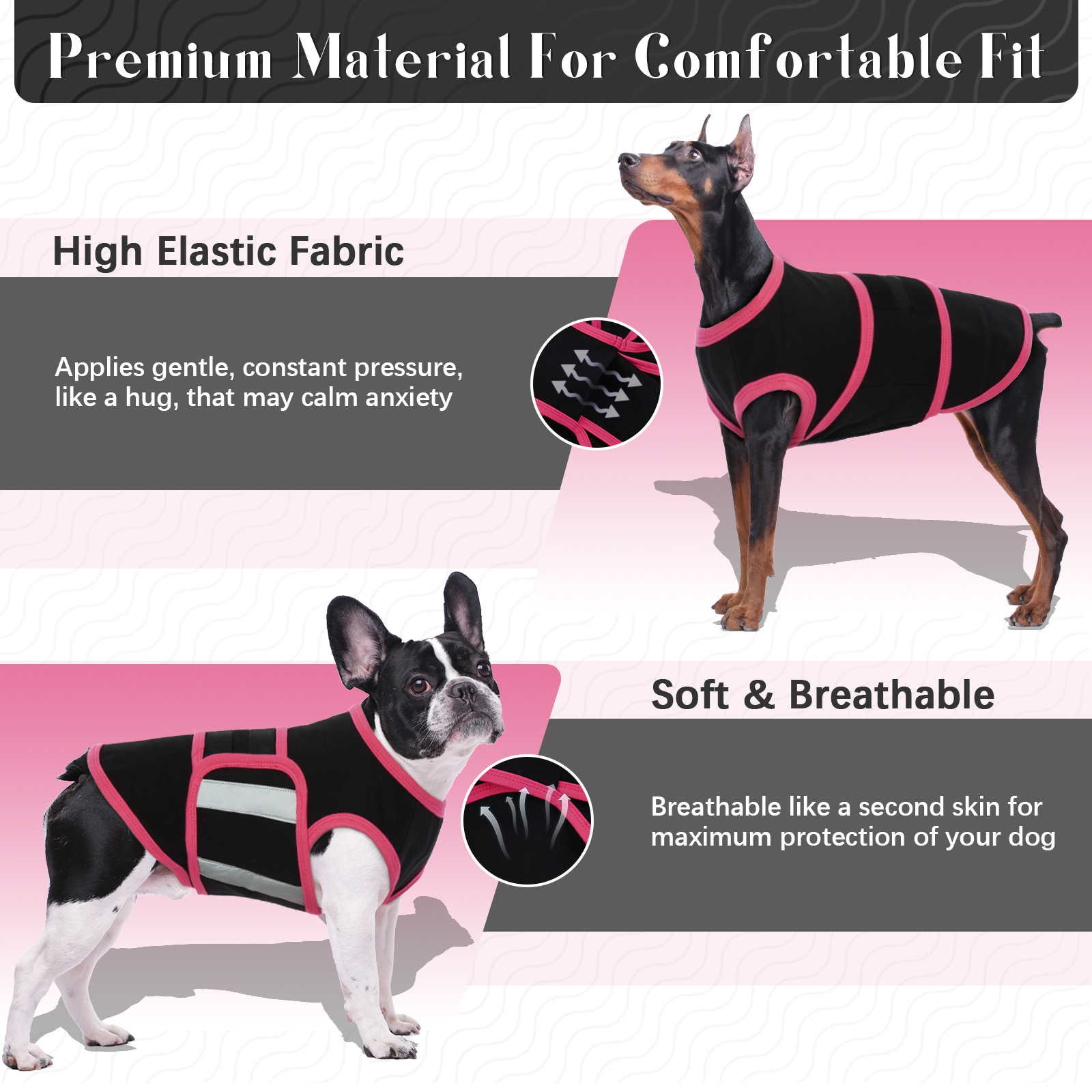 Kuoser Dog Anxiety Vest, Soft and Reflective Calming Shirt for Dogs, Breathable Pet Anxiety Jacket Wrap for Fireworks, Thunderstorms, Separation, Travel, Black, Xl