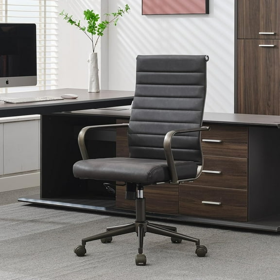 Okeysen Leather Office Desk Chair, Ergonomic Mid Century Modern Conference Room Chairs, Executive Ribbed Height Adjustable Swivel Rolling Chair for Home Office.