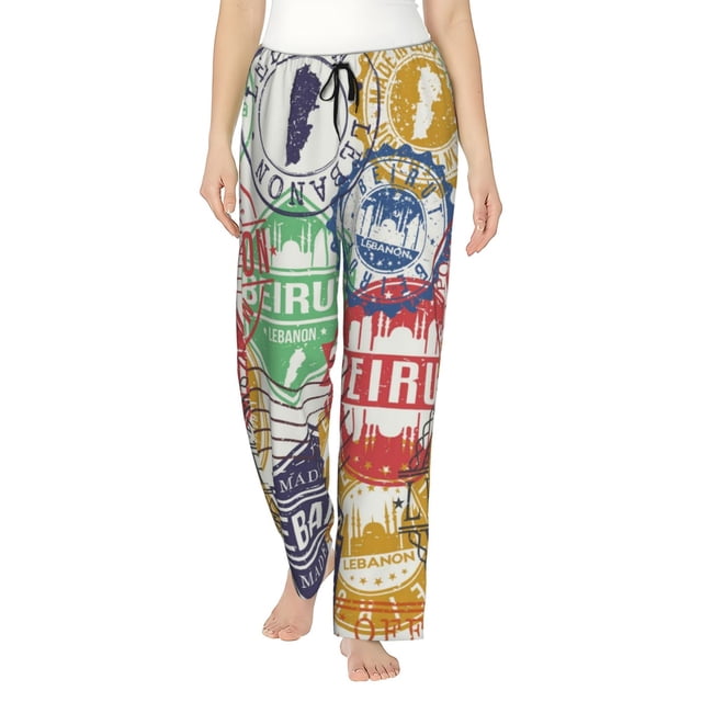 Balery Travel Stamp Pantalones de pijama para mujer, pijamas ultraligeros, pantalones de estar por casa-Small