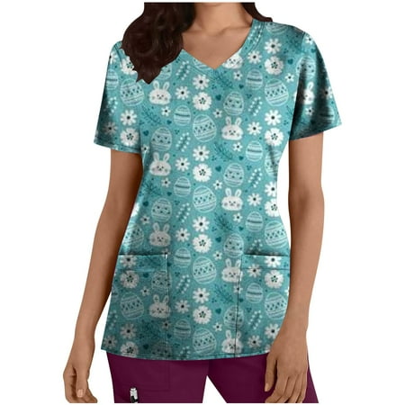

ZQGJB Womens Easter Shirts Cute Bunny Printed Short Sleeve Work Tops Clearance Trendy V Neck Summer T-Shirts Loose Fit Casual Scrub Top On Salewith Pockets Light Blue M