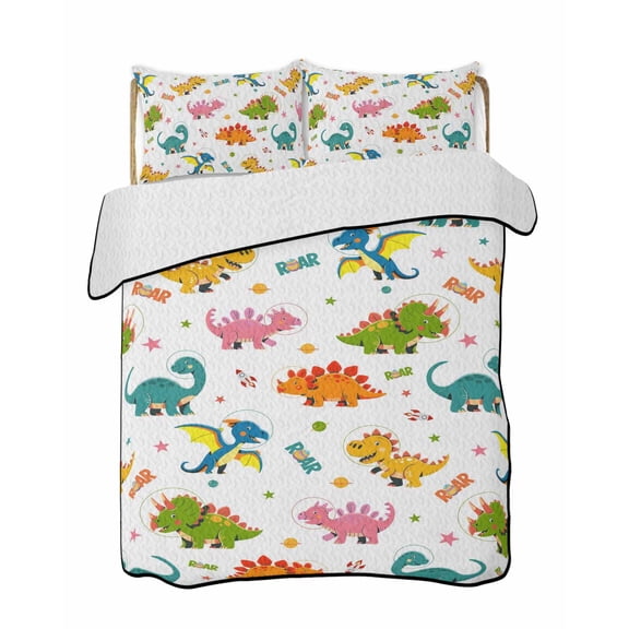 Twin Quilt Bedding Set, Cute Dinosaur Reversible Summer Quilt 3 Pieces, Cartoon Dino Funny Boys Girls Children Lightweight Bedspreads Coverlets with 2 Pillow Shams for All Seasons