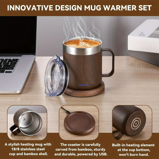Improved Design USB-Powered Heated Insulated Mug Set, Electric Self-Heating Coffee Cup with 10-Hour Auto-Off Function