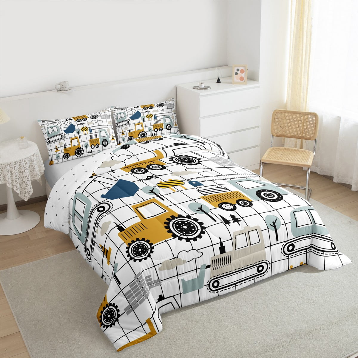 Erosebridal Construction Comforter Set Twin Size Excavator Tractor Twin Comforter Cartoon Car Equipment Trucks Plaid Grid Comforter Set Construction Vehicles White Duvet Set Quilt Set