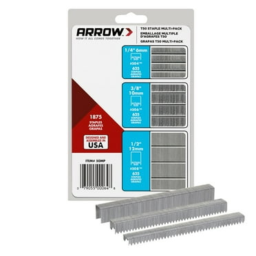 Arrow T50 Multi-Pack Heavy-Duty Staples, Sizes 1/4", 3/8", and 1/2", 1,875 Count, New, for Repairs