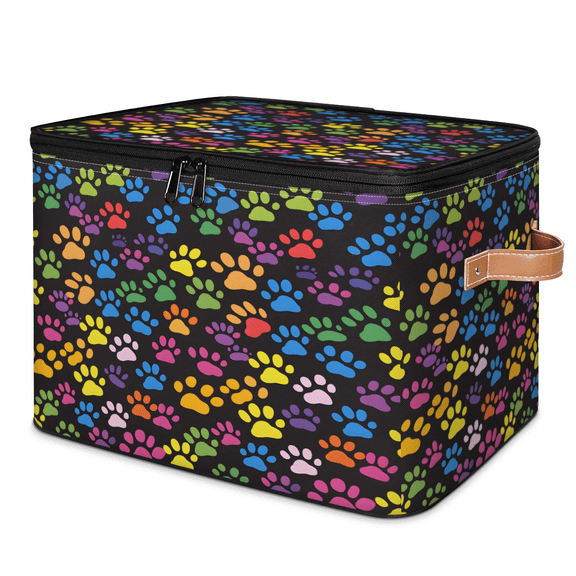 CURLYOOT Paw Print Fabric Storage Bins with Lids, Colorful Dog Cat Paw Foldable Storage Boxes Washable Storage Cube, Closet Bedroom Home Organizer Containers with PU Leather Handles