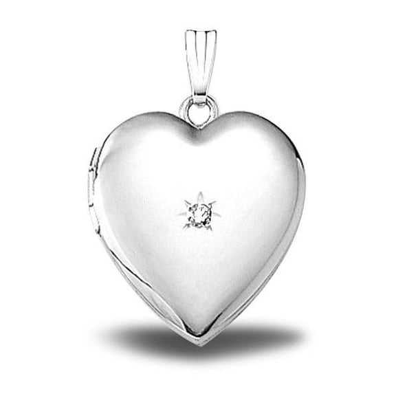 Sterling Silver Heart Locket W/ Diamond - 3/4 Inch X 3/4 Inch Sterling Silver