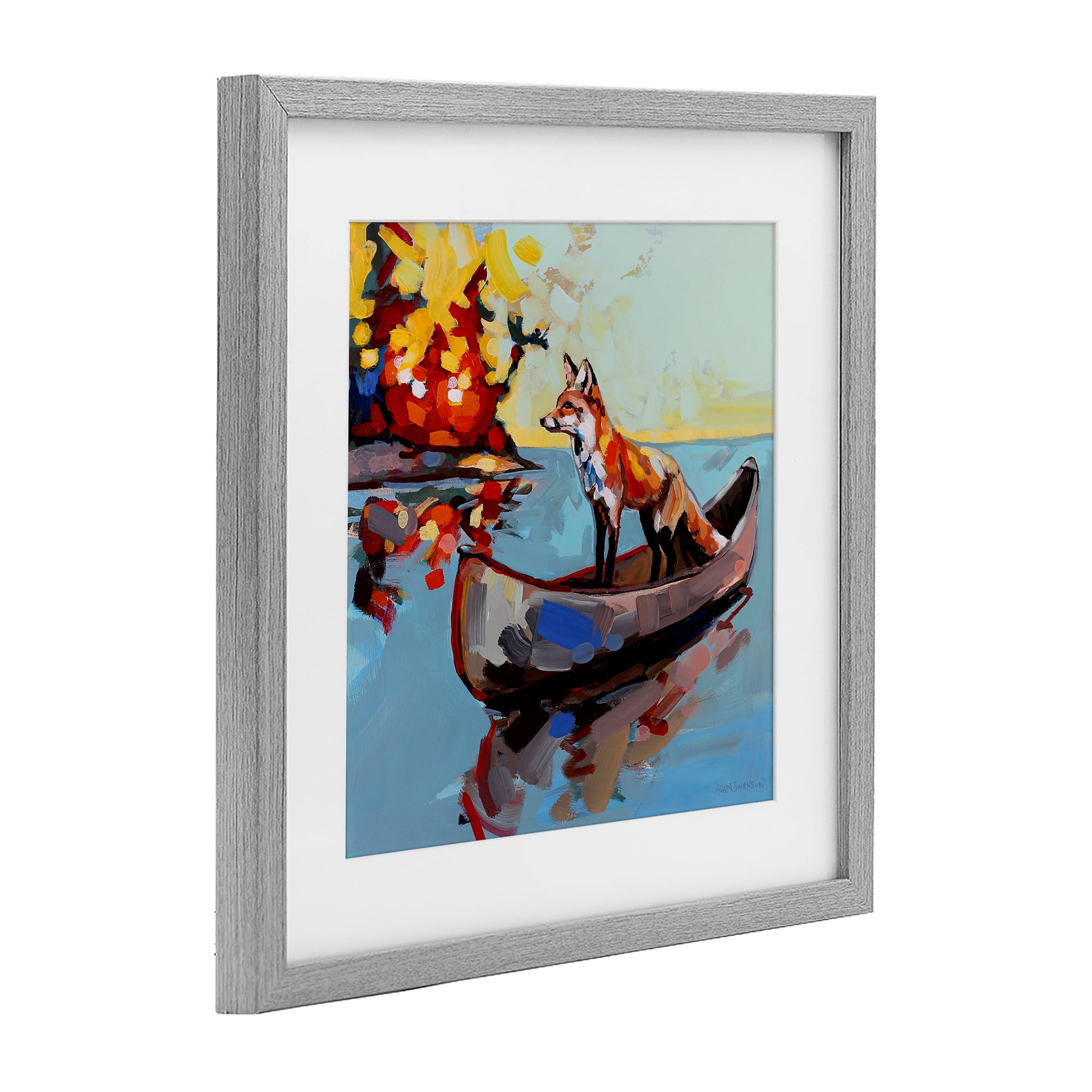 Fox's Voyage on Canoe Gray Framed Print Under Glass, design by Adam Swanson