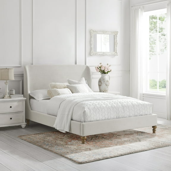 Rustic Manor Bree Tufted Linen King Size Full Bed Frame, No Box Spring Needed, Cream White