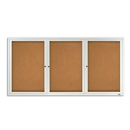 Quartet Enclosed Cork Bulletin Board for Indoor Use, 6' x 3', 3 Door, Aluminum Frame