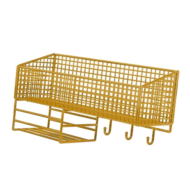 Cesta de pared colgante de alambre de metal resistente, organizador de cocina, cesta de almacenamiento rectangular S dorada con gancho